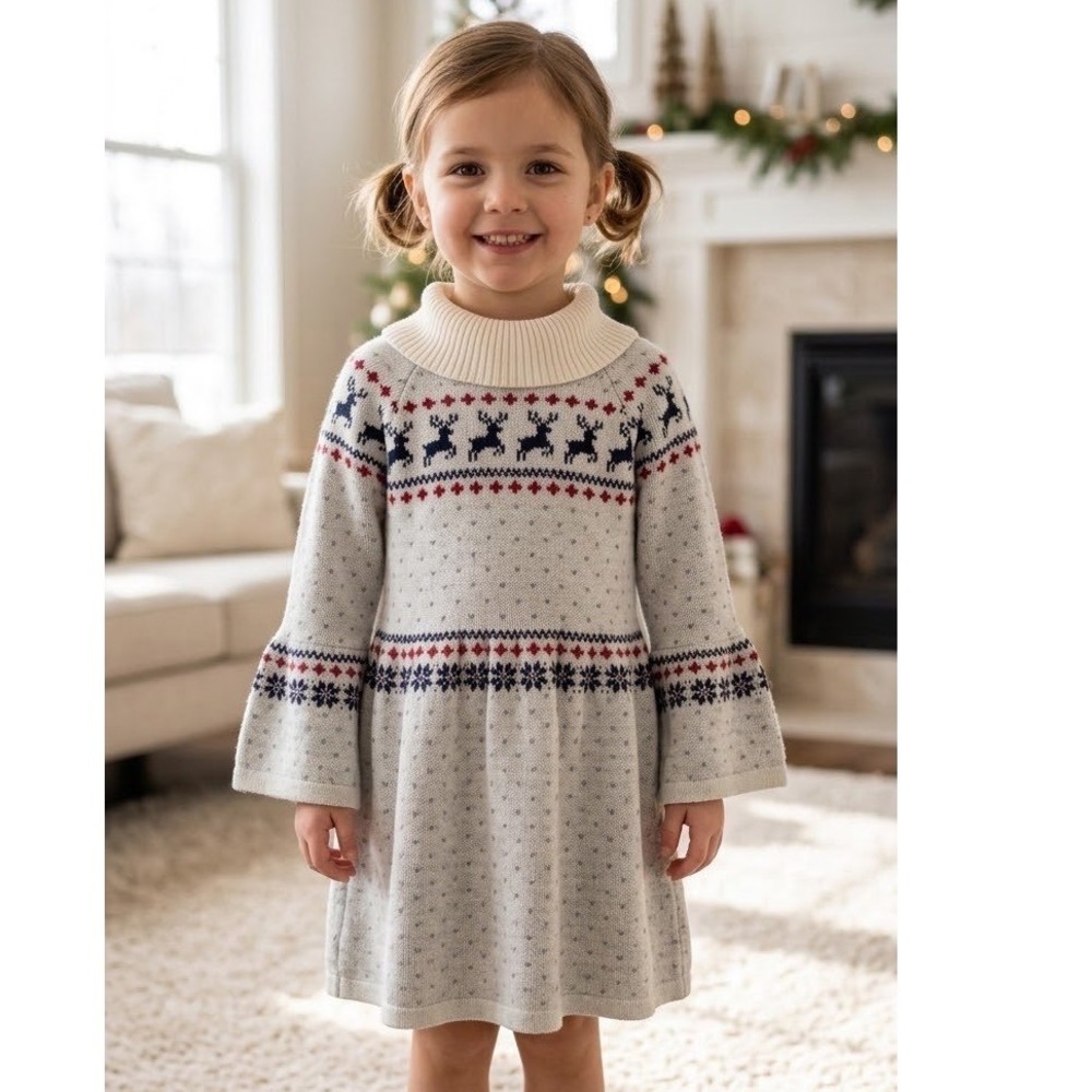 Janie & Jack Sweater Dress Girls 5 Cream Reindeer Fair Isle Bell Sleeve Holiday